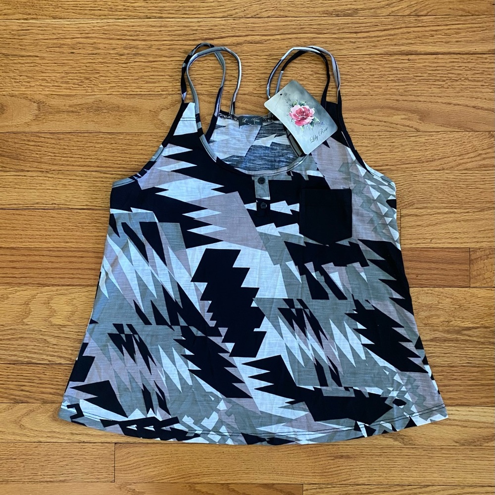 Lily Rose Tank Top Women’s Medium Black White Gray Geometric Design Shirt NWT
